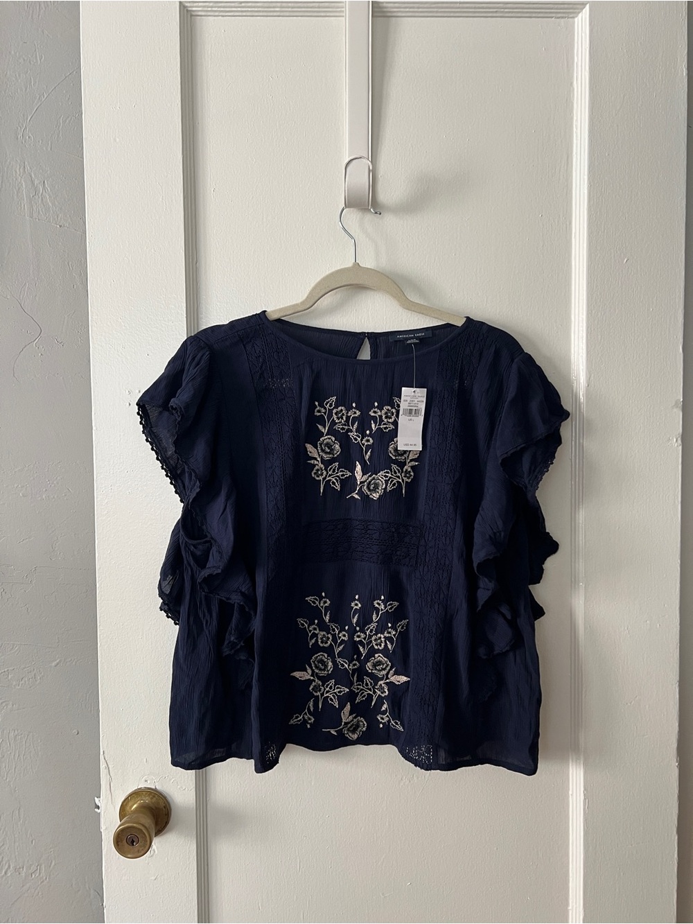 American Eagle Outfitters Navy Floral Embroidered Ruffle Sleeve Top